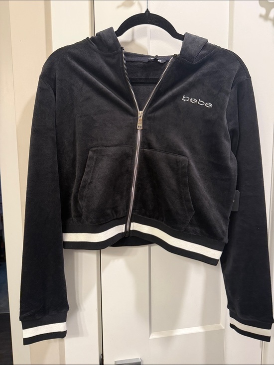 bebe Sweaters - bebe Black Velour Zip-Up Hoodie with Striped Trim